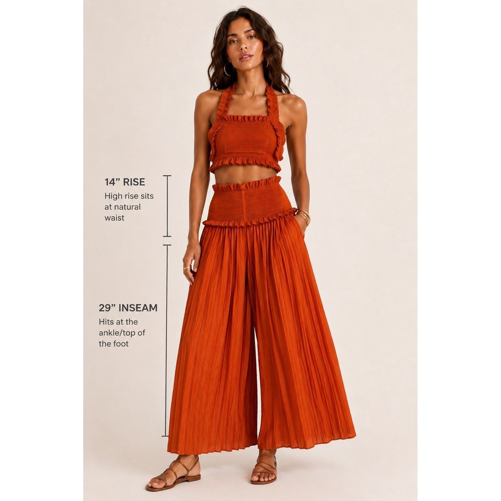 Micas Two Piece Set Orange Plisse Pleated Halter Top Extreme Wide Leg Pant M NWT